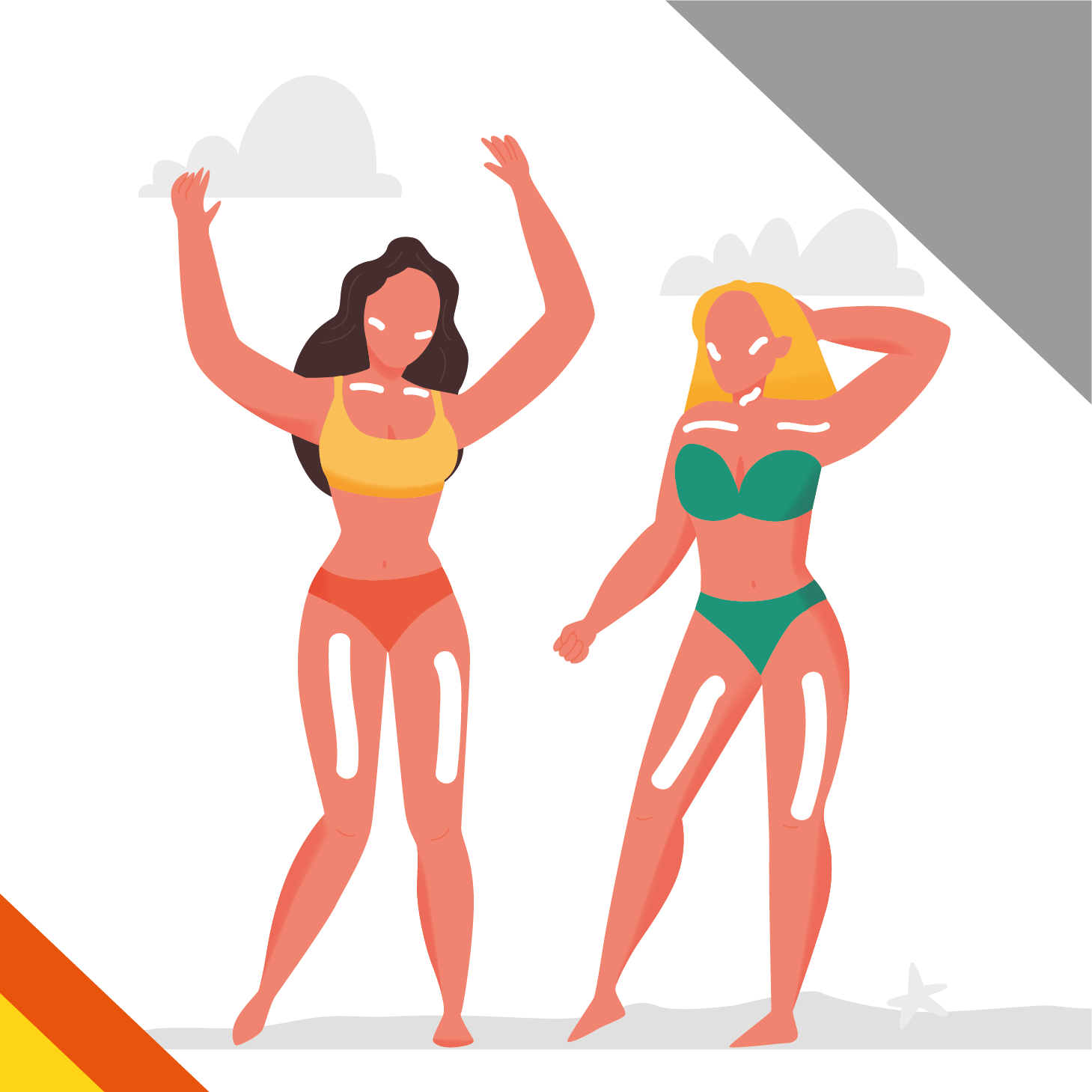 dibujo de dos mujeres en bikini y con bloqueador solar