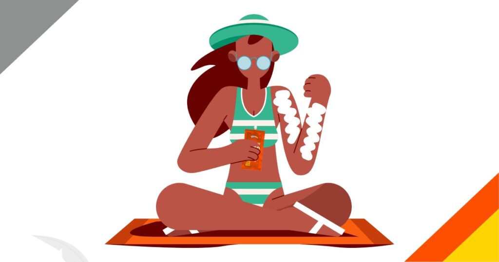 dibujo de mujer en ropa de baño echándose bloqueador solar palmera en sachet en el brazo